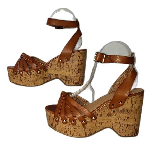 Mossimo Cognac Erie Cork Style Platform Wedge Strappy Sandals Womens Size 6 - Picture 1 of 9